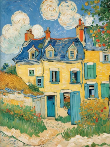 vincent van gough,cottages,braque du bourbonnais,vincent van gogh,wooden houses,braque francais,post impressionism,row of houses,houses,braque saint-germain,houses clipart,braque d'auvergne,townhouses,post impressionist,escher village,home landscape,cottage,partiture,lapereau,beach huts,Illustration,Japanese style,Japanese Style 01