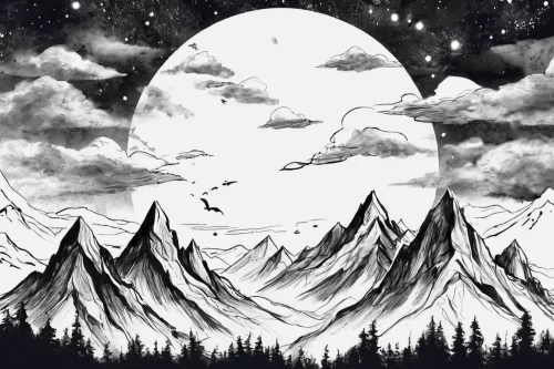 lunar,moon and star background,lunar landscape,snow mountain,moonscape,earth rise,snowy peaks,mountains,snow mountains,high mountains,moons,mountain,the moon,phase of the moon,the spirit of the mountains,lunar phase,sun moon,lunar phases,moonrise,cloud mountain,Illustration,Black and White,Black and White 34