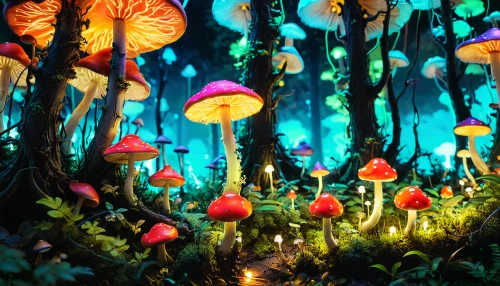 mushroom landscape,fairy forest,fairy world,fairy village,fairy lanterns,enchanted forest,cartoon forest,fairytale forest,mushroom island,mushrooms,forest mushrooms,wonderland,forest of dreams,umbrella mushrooms,club mushroom,forest mushroom,3d fantasy,elven forest,toadstools,alice in wonderland,Illustration,Japanese style,Japanese Style 14