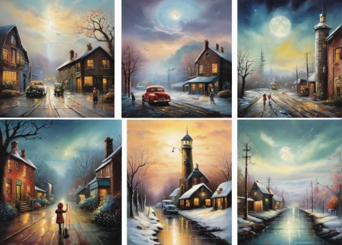 street lamps,motif,street lights,winter landscape,christmas landscape,art painting,city scape,lamplighter,the cobbled streets,night scene,light posts,wintry,cottages,paintings,winter village,pedestrian lights,glass painting,houses,digiscrap,snow scene,Illustration,Abstract Fantasy,Abstract Fantasy 11