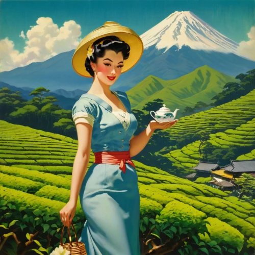 japanese tea,tea field,tea plantations,darjeeling,darjeeling tea,tea plantation,longjing tea,tea garden,sayama tea,ceylon tea,china tea,woman with ice-cream,hojicha,woman drinking coffee,tea zen,houkui tea,japan,sencha,arabica,fuji,Illustration,Retro,Retro 10