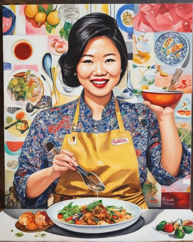 cooking book cover,asian woman,woman holding pie,placemat,laksa,vietnamese woman,kimchi,girl in the kitchen,food and cooking,woman eating apple,chef,gastronomy,asian vision,lo mein,vietnamese,pho,korean,janome chow,food collage,indomie,Illustration,Black and White,Black and White 25