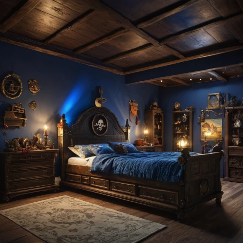 ornate room,sleeping room,attic,bedroom,children's bedroom,blue room,boy's room picture,the little girl's room,great room,danish room,four poster,dark cabinetry,cuckoo clock,blue lamp,rooms,four-poster,one room,guest room,dresser,wade rooms,Photography,General,Natural