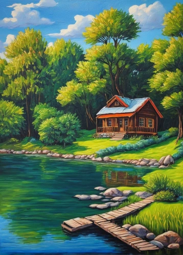 house with lake,summer cottage,cottage,home landscape,house by the water,landscape background,fisherman's house,khokhloma painting,house in the forest,oil painting on canvas,river landscape,the cabin in the mountains,small cabin,oil painting,log cabin,boathouse,painting technique,boat house,nature landscape,house in mountains,Conceptual Art,Daily,Daily 02