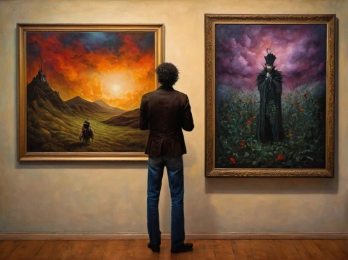art dealer,art gallery,standing man,paintings,popular art,distant vision,surrealism,art,art world,pillars of creation,sacred art,the collector,fine art,hall of the fallen,contemporary witnesses,modern art,duality,heaven and hell,the illusion,art silhouette,Illustration,Realistic Fantasy,Realistic Fantasy 34