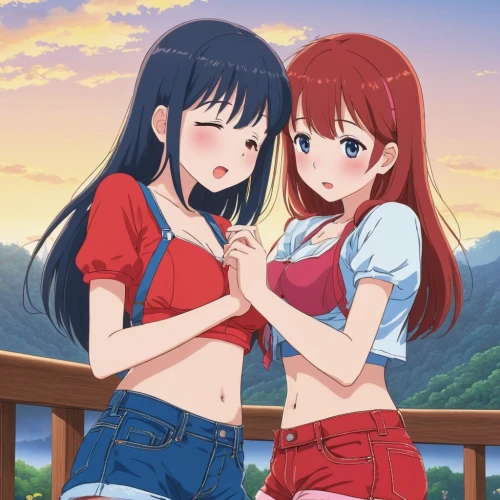 hiyayakko,red and blue,hands holding,hand in hand,two girls,holding hands,red and blue heart on railway,love live,sonoda love live,jinrikisha,red-blue,red summer,holding,red string,heart in hand,torii,together and happy,hand to hand,sisters,girlfriends,Conceptual Art,Daily,Daily 27