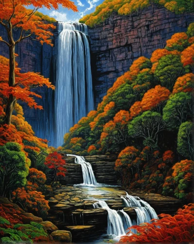 bridal veil fall,brown waterfall,falls of the cliff,waterfall,water fall,cascade,ash falls,fall landscape,cascades,waterfalls,water falls,falls,wasserfall,autumn landscape,cascading,bridal veil,ilse falls,mountain scene,robert duncanson,a small waterfall,Illustration,Black and White,Black and White 28