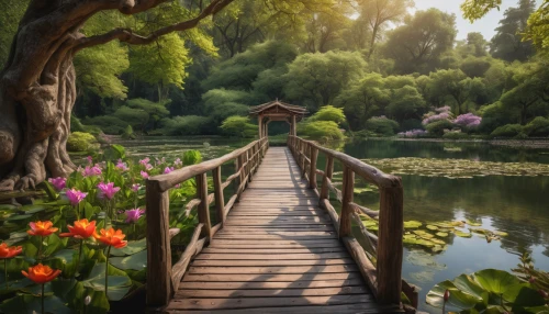 wooden bridge,wooden path,lily pond,scenic bridge,nature landscape,walkway,giverny,landscape background,beautiful landscape,nature garden,landscape nature,fairytale forest,tranquility,lotus pond,log bridge,fairy forest,pathway,forest path,wooden pier,tree top path,Photography,General,Natural