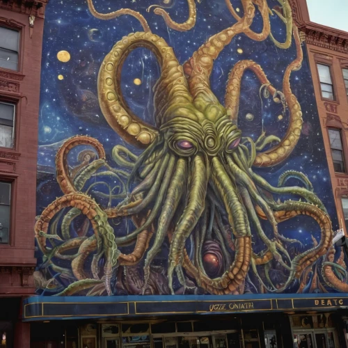octopus,cephalopod,mural,fun octopus,cephalopods,octopus tentacles,kraken,giant squid,tentacles,seattle,silver octopus,brooklyn street art,ohio theatre,cnidaria,denver,tentacle,god of the sea,calamari,house of the sea,pink octopus,Illustration,Realistic Fantasy,Realistic Fantasy 47