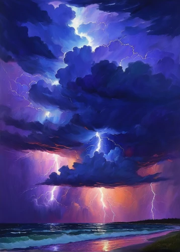 lightning storm,thunderstorm,thunderclouds,storm clouds,storm,storm ray,sea storm,lightning,thunderheads,stormy sky,thundercloud,monsoon,after the storm,stormy clouds,lightning strike,a thunderstorm cell,stormy,purple landscape,thunderhead,beach landscape,Illustration,Realistic Fantasy,Realistic Fantasy 30