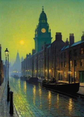 john atkinson grimshaw,night scene,evening atmosphere,dublin,embankment,evening city,grand canal,gas lamp,quayside,early evening,1905,1906,george russell,the evening light,old street,olle gill,martin fisher,in the evening,1921,pall mall,Illustration,American Style,American Style 14