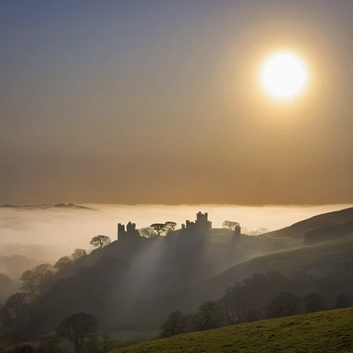 morning mist,mists over prismatic,ruined castle,peak district,north yorkshire,derbyshire,sussex,dorset,alnwick castle,cornwall,yorkshire,wales,yorkshire dales,foggy landscape,north yorkshire moors,northumberland,castles,wensleydale,trerice in cornwall,shaftesbury,Art,Classical Oil Painting,Classical Oil Painting 42