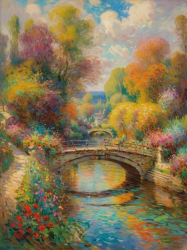 river landscape,autumn landscape,brook landscape,rainbow bridge,viola bridge,painting technique,angel bridge,scenic bridge,tied-arch bridge,oil painting on canvas,post impressionist,splendor of flowers,arch bridge,art painting,landscape background,oil painting,source de la sorgue,aura river,landscape,flower painting,Conceptual Art,Oil color,Oil Color 23