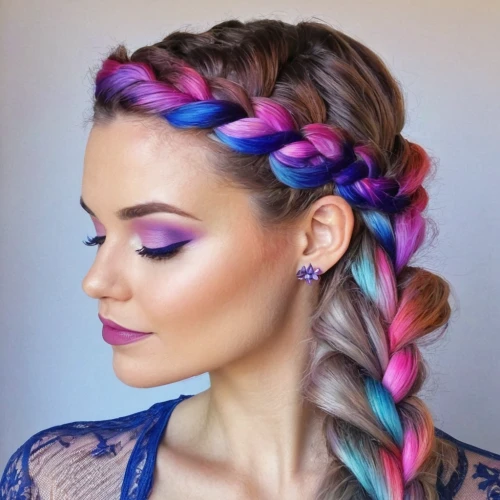 french braid,braid,braids,braided,rainbow waves,braiding,fishtail,lilac,rainbow unicorn,updo,hairstyle,purple and pink,purple lilac,color feathers,lilac breasted roller,colorful spiral,california lilac,pastels,rainbow colors,feathered hair,Illustration,Realistic Fantasy,Realistic Fantasy 20