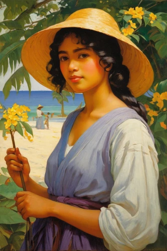 girl picking flowers,vietnamese woman,rosa bonita,woman with ice-cream,sea beach-marigold,jamaica,beach moonflower,la violetta,girl in the garden,woman holding pie,hula,girl with bread-and-butter,yellow sun hat,woman of straw,girl on the dune,vietnam,girl in flowers,summer jasmine,young woman,samoa,Illustration,Retro,Retro 11