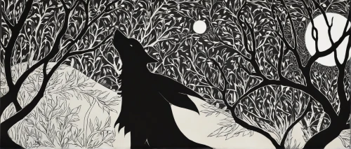 halloween bare trees,halloween illustration,ebony trees and persimmons,halloween silhouettes,haunted forest,woodcut,the woods,the witch,the forest,black crow,sewing silhouettes,crows,forest dark,halloween background,fox and hare,book illustration,black landscape,crow in silhouette,werewolves,birch tree illustration,Illustration,Black and White,Black and White 24