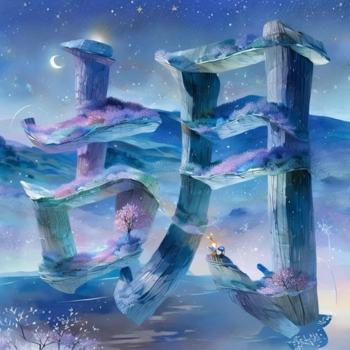 fairy chimney,ice castle,background with stones,ice landscape,cube sea,fantasy landscape,crystalline,cube background,stone towers,world digital painting,3d fantasy,megalith,megaliths,astral traveler,megalithic,ruins,neo-stone age,chasm,stone blocks,fantasy picture