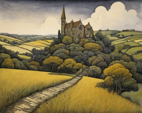 shaftesbury,francis barlow,david bates,yorkshire,brixlegg,autumn landscape,sussex,church hill,great chalfield,james sowerby,carol colman,george russell,fredric church,farm landscape,martin fisher,rural landscape,grant wood,rolling hills,newbourne,church painting,Illustration,Abstract Fantasy,Abstract Fantasy 18