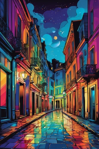 colorful city,french digital background,new orleans,night scene,rome night,the cobbled streets,saturated colors,colorful light,background colorful,musical background,fantasy city,colored lights,splendid colors,background vector,city lights,citylights,houses clipart,art background,cobblestones,colored pencil background,Conceptual Art,Daily,Daily 24