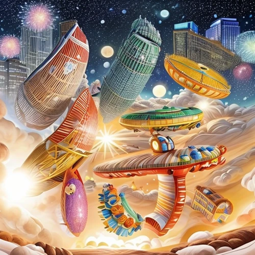 sci fiction illustration,fantasy city,space ships,spaceships,starship,space voyage,galaxy express,space port,sky city,amusement park,cd cover,futuristic landscape,space tourism,crash-land,sea fantasy,fantasy world,dream world,space ship,science fiction,amusement ride