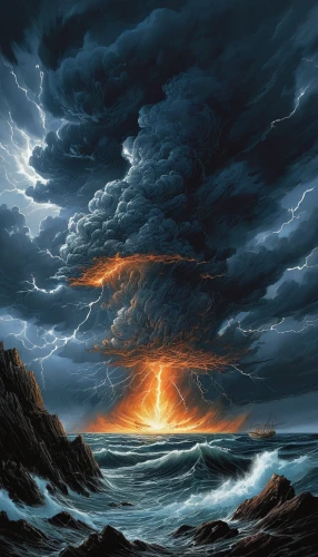 sea storm,thunderclouds,thunderstorm,nature's wrath,volcanic landscape,lightning storm,stormy sea,eruption,storm surge,tidal wave,thundercloud,calbuco volcano,strom,thunderheads,volcanic eruption,the eruption,atmospheric phenomenon,storm clouds,storm,volcanic field,Illustration,American Style,American Style 02