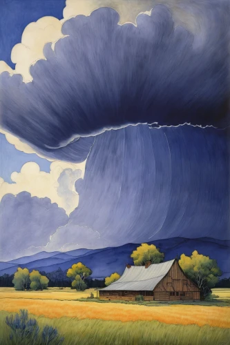 thundercloud,thunderhead,thunderclouds,thunderheads,cumulonimbus,thunderstorm,raincloud,storm clouds,a thunderstorm cell,rural landscape,matruschka,prairie,farm landscape,schäfchenwolke,atmospheric phenomenon,hindenburg,swelling cloud,cloud formation,grant wood,rain cloud,Illustration,Retro,Retro 23