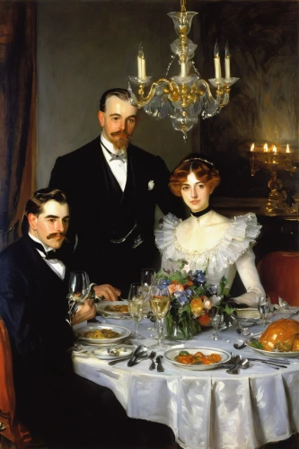 the victorian era,the dining board,napoleon iii style,dinner party,la violetta,wedding soup,man and wife,stemware,young couple,mulberry family,victorian style,xix century,apéritif,partiture,the ball,cockscomb,mother and grandparents,tablescape,hors' d'oeuvres,dining table,Illustration,Retro,Retro 20