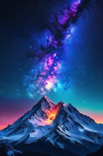 colorful background,background colorful,galaxy,unicorn background,stratovolcano,full hd wallpaper,colorful stars,purple wallpaper,purple landscape,fire background,triangles background,hd wallpaper,mountain peak,volcano,night sky,ultraviolet,intense colours,fractal environment,background screen,nothern lights,Illustration,Realistic Fantasy,Realistic Fantasy 04