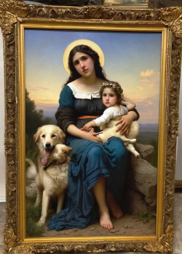 bouguereau,girl with dog,st. bernard,the good shepherd,dog frame,frederic church,good shepherd,st bernard,great pyrenees,holy family,mona lisa,the mother and children,the mona lisa,kuvasz,mother with children,child portrait,bougereau,vintage art,capricorn mother and child,landseer,Illustration,Realistic Fantasy,Realistic Fantasy 18