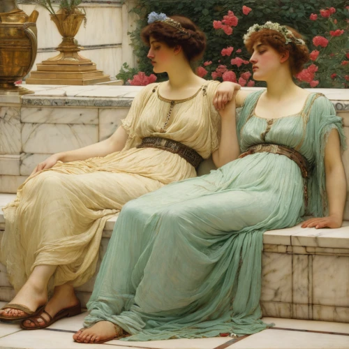 accolade,holding flowers,young women,emile vernon,psyche,the three graces,two girls,bougereau,classical antiquity,florists,idyll,neoclassic,vittoriano,secret garden of venus,serenade,narcissus of the poets,admired,the listening,neoclassical,courtship,Conceptual Art,Daily,Daily 05