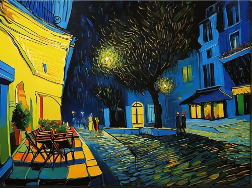 montmartre,night scene,vincent van gogh,vincent van gough,paris cafe,post impressionism,bistrot,starry night,art painting,street lights,oil painting on canvas,boulevard,glass painting,nocturnes,paris,street lamps,post impressionist,nightscape,night light,street cafe,Illustration,Black and White,Black and White 08