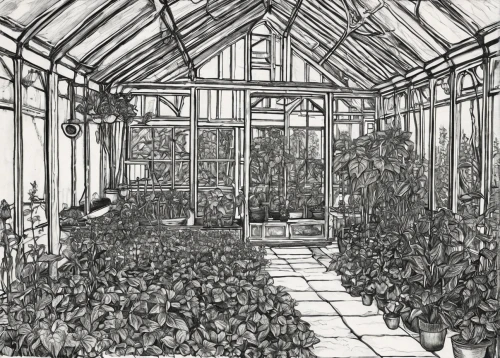 leek greenhouse,greenhouse,conservatory,greenhouse cover,palm house,the palm house,aviary,orangery,hahnenfu greenhouse,winter garden,dandelion hall,kew gardens,nursery,greenhouse effect,indoor,sugar plant,roof garden,garden of plants,garden shed,kitchen garden,Illustration,Black and White,Black and White 28