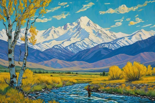 denali,salt meadow landscape,mountain scene,mountain landscape,karakoram,teton,pamir,the pamir mountains,mountainous landscape,annapurna,khokhloma painting,grand teton,river landscape,mountain river,denali national park,the landscape of the mountains,view of the mountains,high landscape,the spirit of the mountains,mount kahuranaki,Art,Artistic Painting,Artistic Painting 03