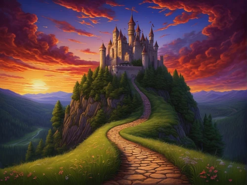 fantasy picture,fantasy landscape,fairy tale castle,fairytale castle,fantasy art,knight's castle,fairy tale,3d fantasy,hogwarts,a fairy tale,fantasy world,castle of the corvin,fairytale,children's fairy tale,magical adventure,rapunzel,hohenzollern castle,purple landscape,fantasy city,wall,Illustration,Realistic Fantasy,Realistic Fantasy 45