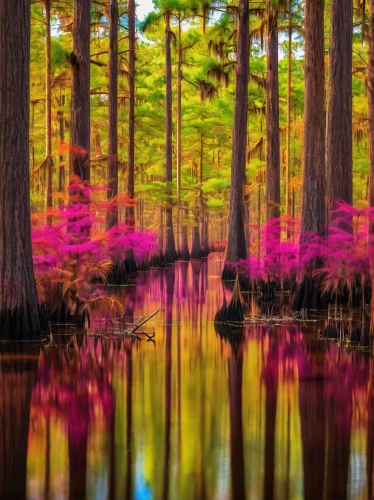 bayou,acid lake,colorful water,row of trees,reflection in water,mississippi,fairy forest,south carolina,louisiana,splendid colors,reflections in water,water reflection,spring lake,fairytale forest,georgia pine,the festival of colors,harmony of color,intense colours,azaleas,splash of color,Illustration,Vector,Vector 19