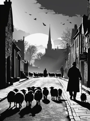 lovat lane,the sheep,dog street,shepherds,york,falkland,sheep-dog,flock of sheep,the black sheep,animal lane,sheepdog trial,alnwick,stirling town,sheepdog,sheep dog,wensleydale,the cobbled streets,yorkshire,shaftesbury,a flock of sheep,Illustration,Black and White,Black and White 31