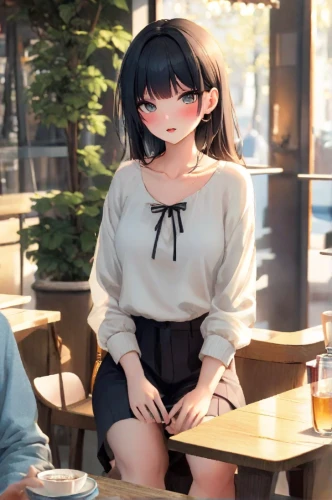 anime japanese clothing,anime 3d,honmei choco,drinking coffee,izakaya,sitting on a chair,烧乳鸽,pub,anime girl,girl sitting,cafe,date,japanese idol,woman at cafe,dating,coffee shop,picnic table,3d crow,two glasses,b3d