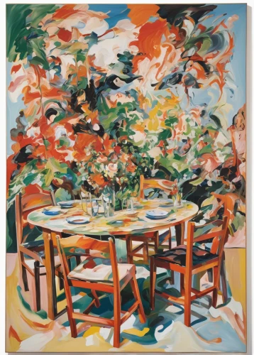tablecloth,outdoor table,dining table,kitchen table,table artist,picnic table,table and chair,black table,breakfast table,tables,table,gnomes at table,braque francais,outdoor table and chairs,floral chair,dining room table,bistro,red tablecloth,tabletop,leittafel,Conceptual Art,Oil color,Oil Color 18