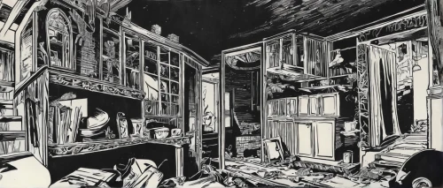 abandoned room,clutter,blind alley,sci fiction illustration,compartment,pantry,haunted house,wade rooms,tenement,interiors,book illustration,the haunted house,backgrounds,rooms,ghost town,slums,the boiler room,an apartment,the morgue,workspace,Illustration,Black and White,Black and White 10