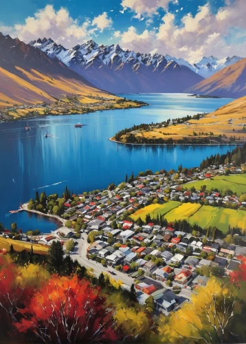 tekapo,new zealand,nz,south island,autumn landscape,pamir,otago,newzealand nzd,fall landscape,autumn mountains,tibet,mt cook,xinjiang,the pamir mountains,kyrgyzstan som,yukon territory,oil painting on canvas,salt meadow landscape,home landscape,patagonia,Conceptual Art,Oil color,Oil Color 09