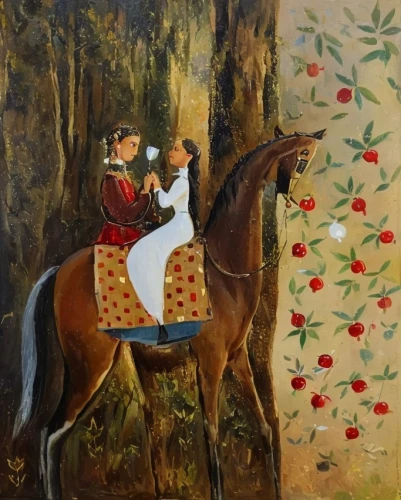 khokhloma painting,horseback,young couple,man and horses,flower cart,girl picking flowers,way of the roses,equestrian,flower delivery,girl picking apples,romantic scene,children's fairy tale,oil painting on canvas,serenade,wall painting,apple pair,honeymoon,carousel horse,equitation,jockey,Common,Common,Cartoon