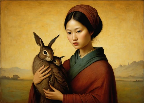 brown rabbit,rabbits and hares,female hares,hares,capricorn mother and child,asian woman,steppe hare,vietnamese woman,japanese woman,chinese art,rabbits,janome chow,orientalism,wood rabbit,hare,oriental painting,han thom,domestic rabbit,wild hare,pere davids deer,Illustration,Abstract Fantasy,Abstract Fantasy 17