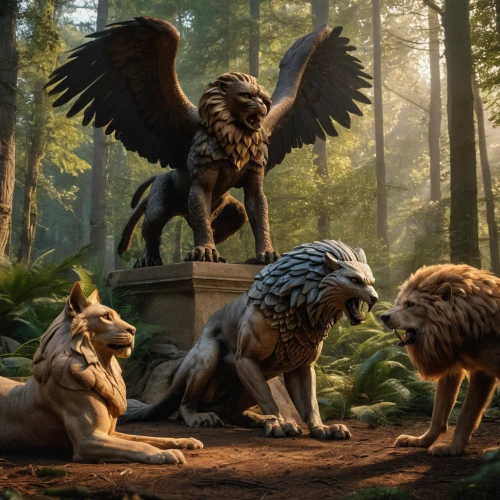 gryphon,griffon bruxellois,forest king lion,fantasy picture,the wolf pit,griffin,wolves,primeval times,woodland animals,hunting scene,fantasy art,lions,mythical creatures,forest animals,tervuren,birds of prey,wolf pack,size comparison,the lion king,digital compositing,Photography,General,Natural
