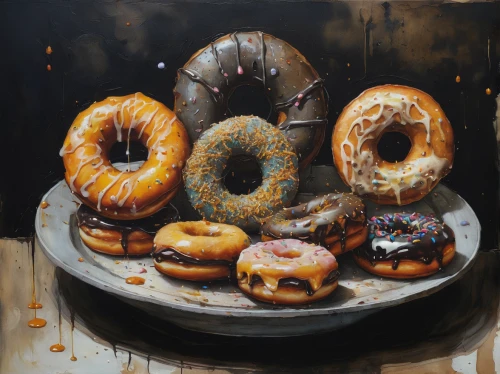 donut illustration,doughnuts,donut drawing,donuts,donut,doughnut,glaze,bagels,oil painting on canvas,oil on canvas,glazed,cider doughnut,food icons,oil painting,oils,bakery,sweet pastries,pastries,cruller,oil paint,Illustration,Abstract Fantasy,Abstract Fantasy 18