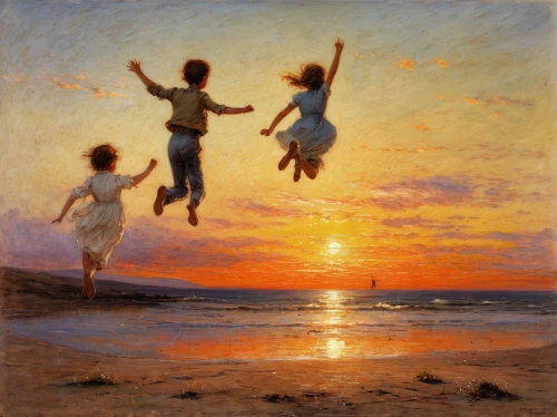 summer evening,leap for joy,children playing,dancers,bouguereau,bougereau,leaping,fairies aloft,children play,midsummer,idyll,children,jumping,summer solstice,el mar,flying girl,sunset beach,leap,baptism of christ,summer day,Art,Classical Oil Painting,Classical Oil Painting 13