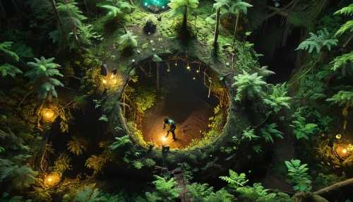 terrarium,elven forest,druid grove,rainforest,greenforest,fairy forest,enchanted forest,devilwood,cenote,the forest,rain forest,fairy world,elves flight,fairy village,jungle,ravine,forest glade,lava cave,the forests,lava tube,Illustration,Japanese style,Japanese Style 14