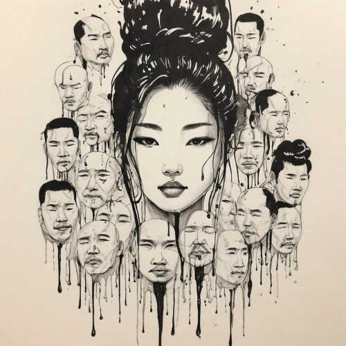 geisha,mulan,asian vision,geisha girl,asian woman,chinese art,faces,pencil art,asian culture,lotus art drawing,han thom,hand-drawn illustration,the h'mong people,chinese icons,taiwanese opera,shirakami-sanchi,japanese art,asia,ink painting,heads,Illustration,Black and White,Black and White 34