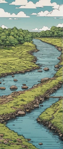 an island far away landscape,archipelago,river landscape,studio ghibli,mushroom island,japan landscape,a river,floating islands,lake tanuki,tidal marsh,swampy landscape,waterscape,wetlands,kei islands,islands,freshwater marsh,wetland,peninsula,boat landscape,isle,Illustration,American Style,American Style 15