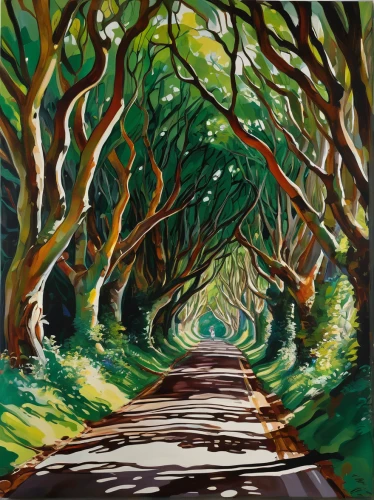 the dark hedges,tree lined lane,forest road,tree-lined avenue,beech hedge,maple road,tree canopy,row of trees,tree lined,tree lined path,ordinary boxwood beech trees,beech trees,fork road,old avenue,winding road,tree grove,winding roads,green trees,the road,animal lane,Conceptual Art,Oil color,Oil Color 18