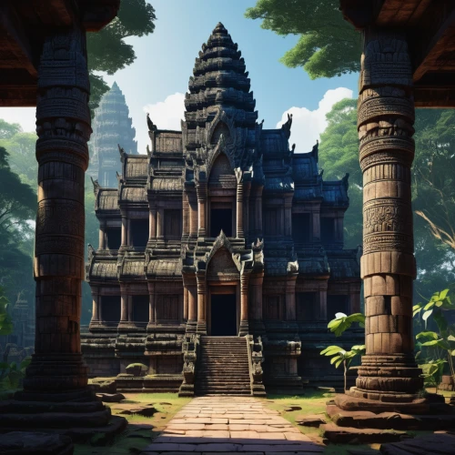 angkor,cambodia,asian architecture,angkor wat temples,temple,ancient buildings,temple fade,hindu temple,thai temple,bagan,stone pagoda,artemis temple,ayutthaya,ancient house,pagoda,ancient building,ancient city,buddhist temple complex thailand,stone palace,bali,Illustration,Realistic Fantasy,Realistic Fantasy 16